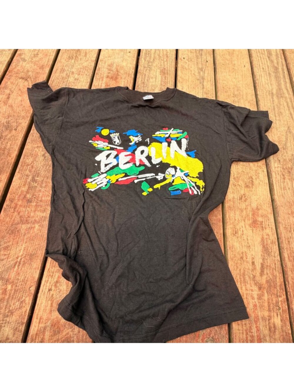 Vintage Berlin Graphic T-Shirt Black L Authentic Cotton 90s Topas Map Design